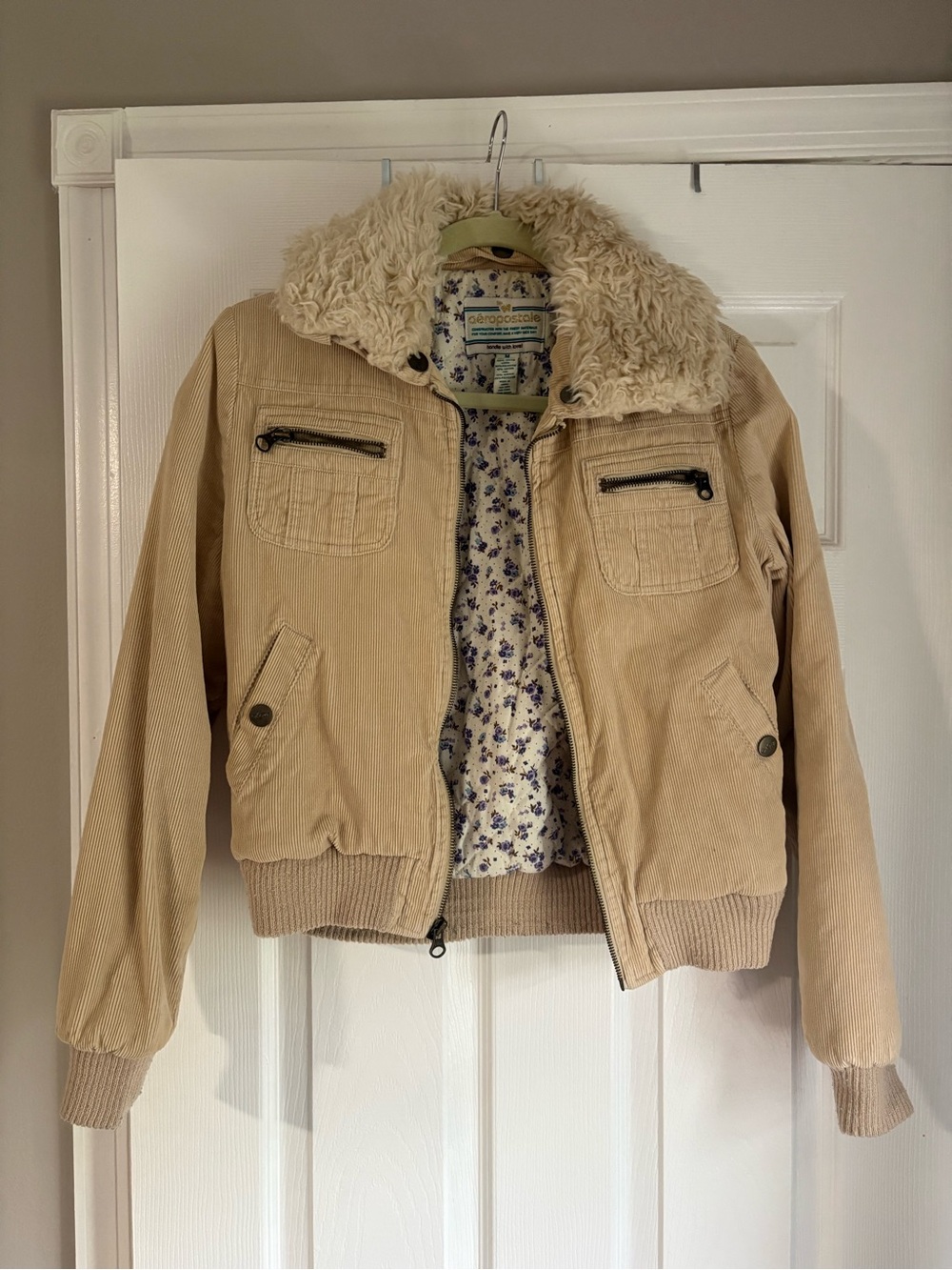 Y2K Vintage Aeropostale Beige Corduroy Bomber Jacket with Sherpa Collar